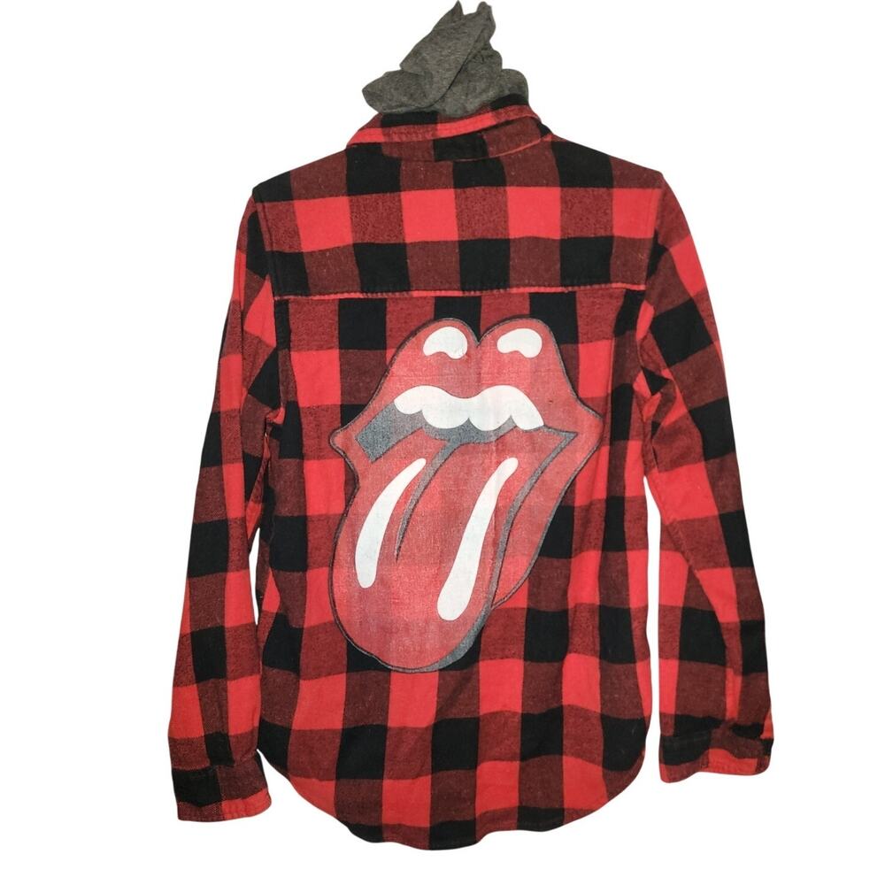 Rolling Stones Buffalo Red Black Plaid Hooded Long Sleeve Flannel Shacket Small